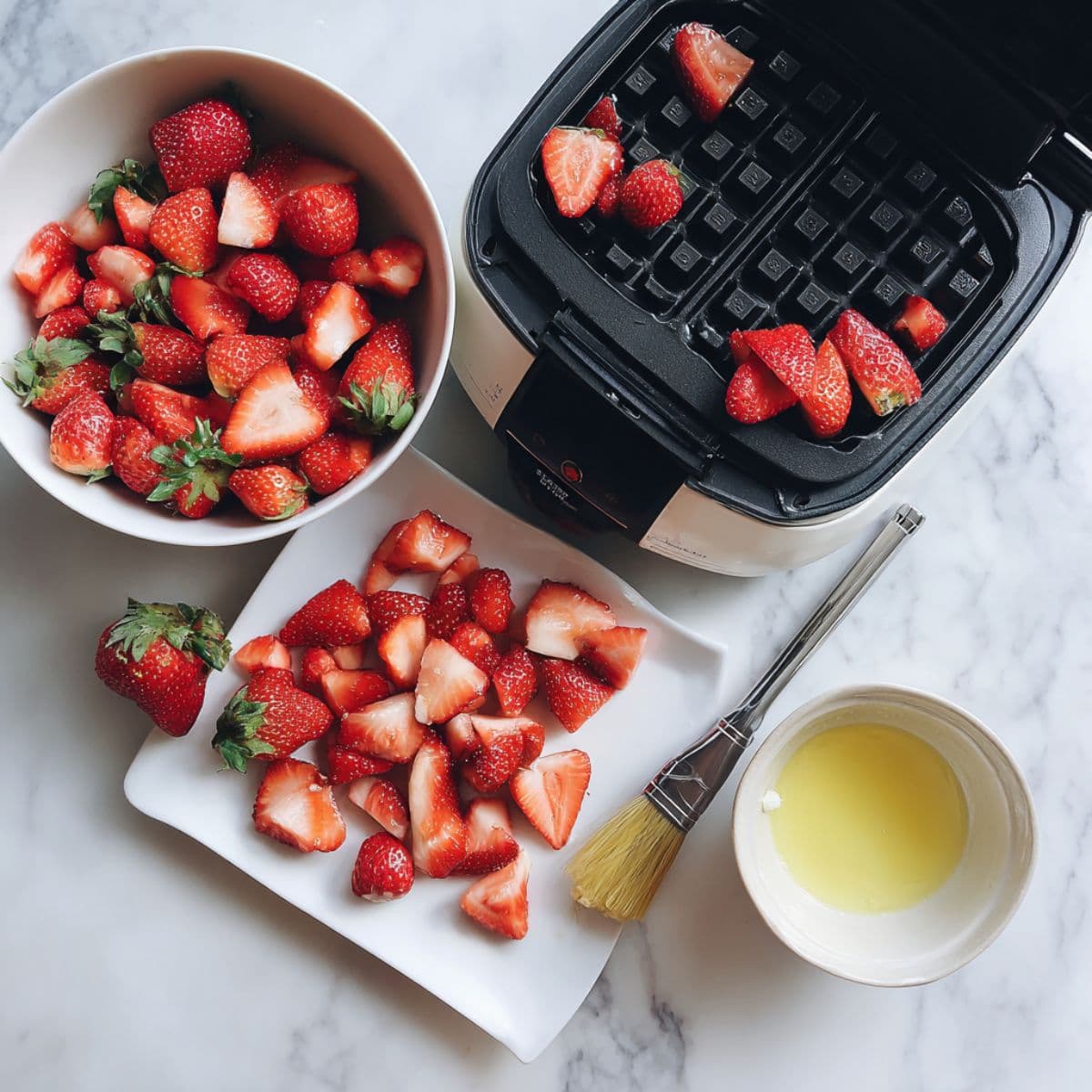 chopped strawberries beside a preheating waffle iron on white marble for strawberry waffles recipe