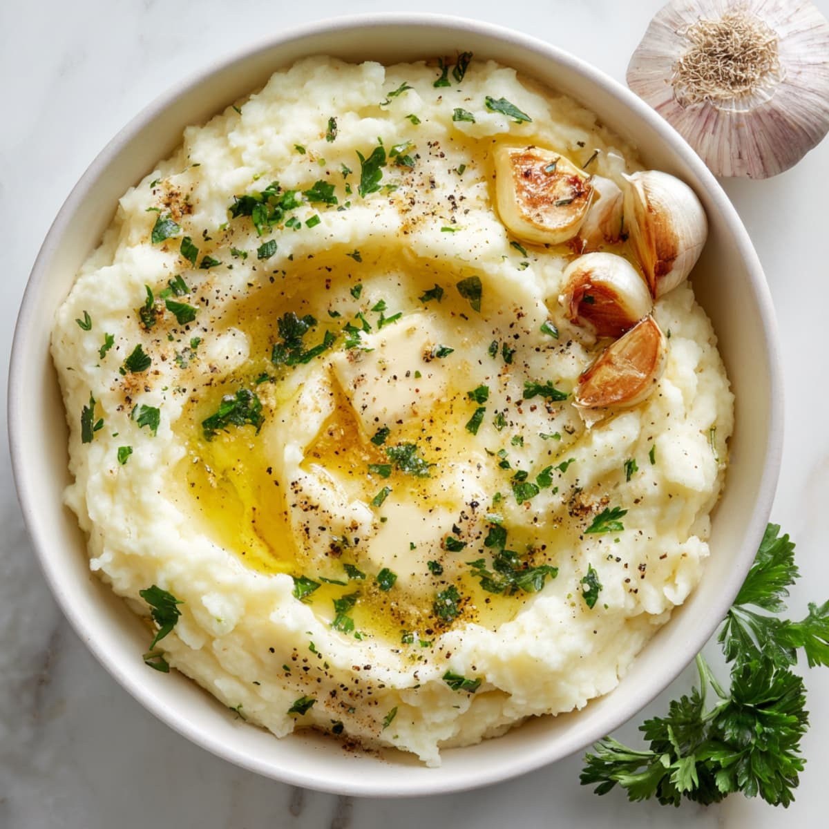 creamy mashed potatoes recipe topped with butter salt pepper and garlic