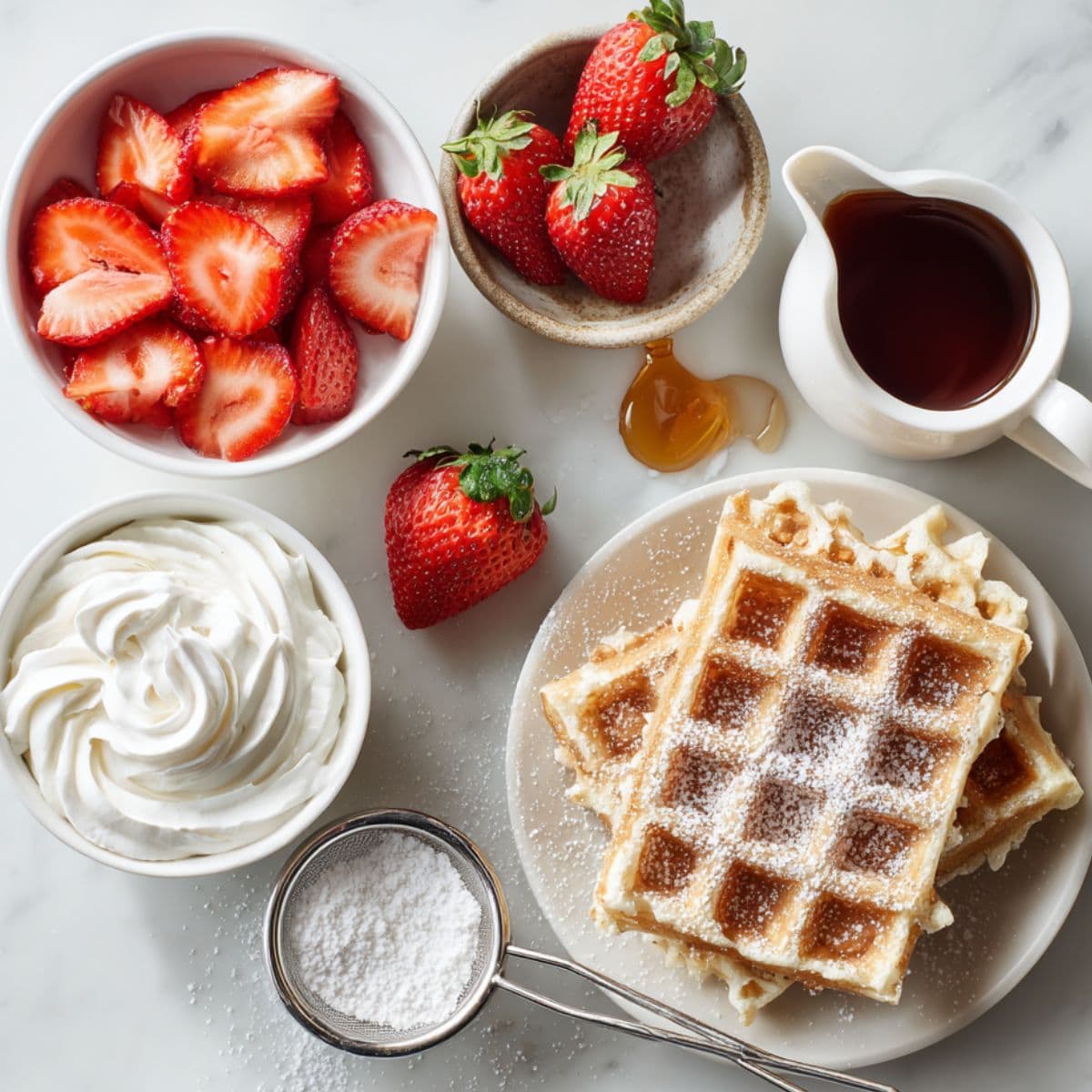 fresh strawberries, maple syrup, whipped cream, and powdered sugar for strawberry waffles recipe