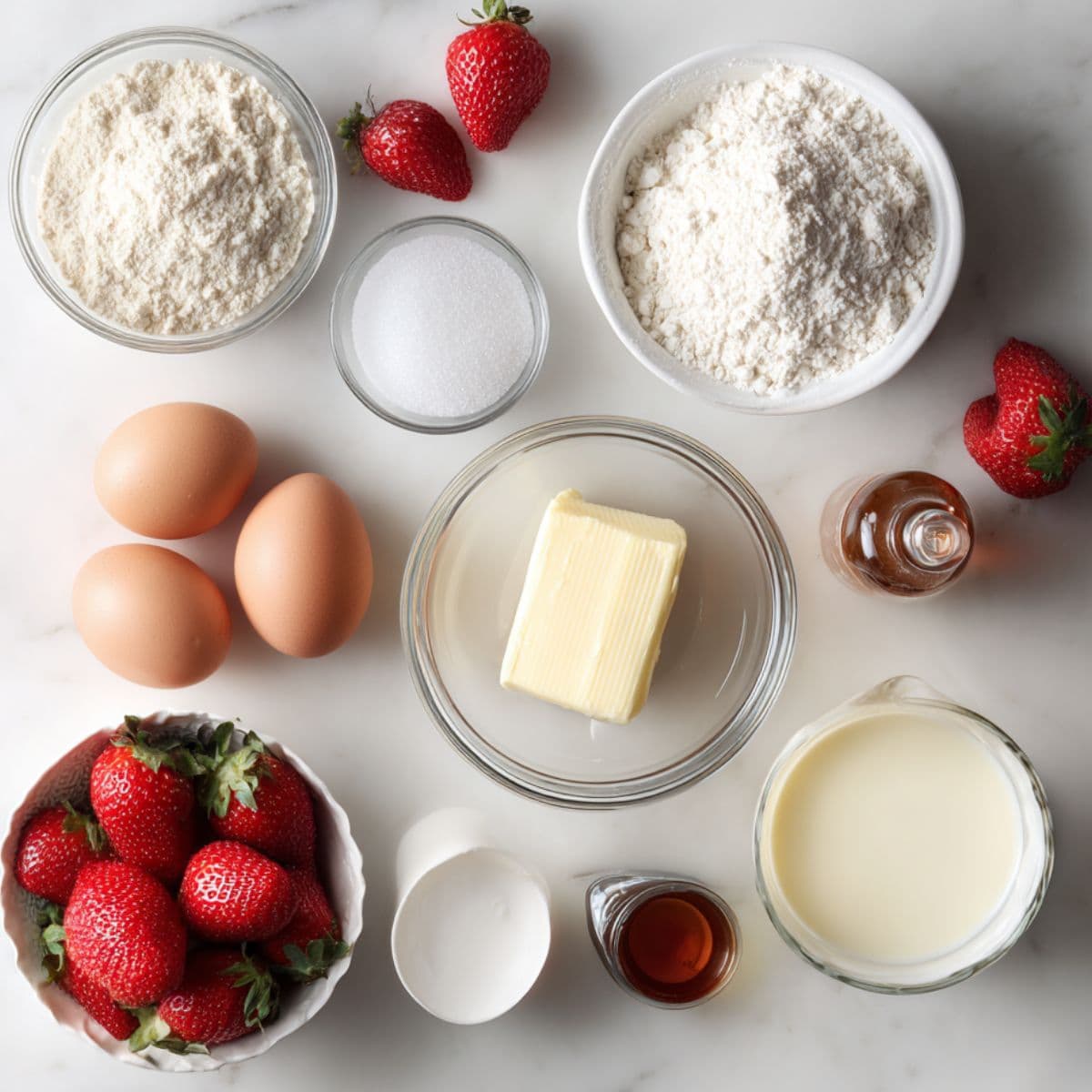 strawberry waffles recipe ingredients like flour, eggs, sugar, and milk on white marble