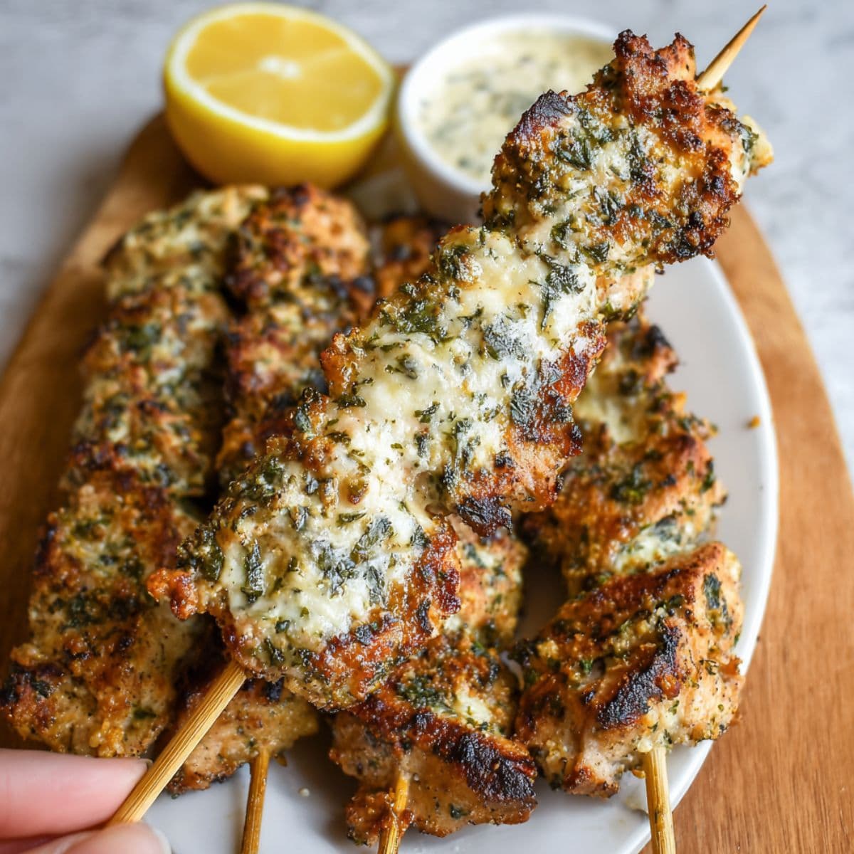 brush and finish ranch garlic parmesan chicken skewers