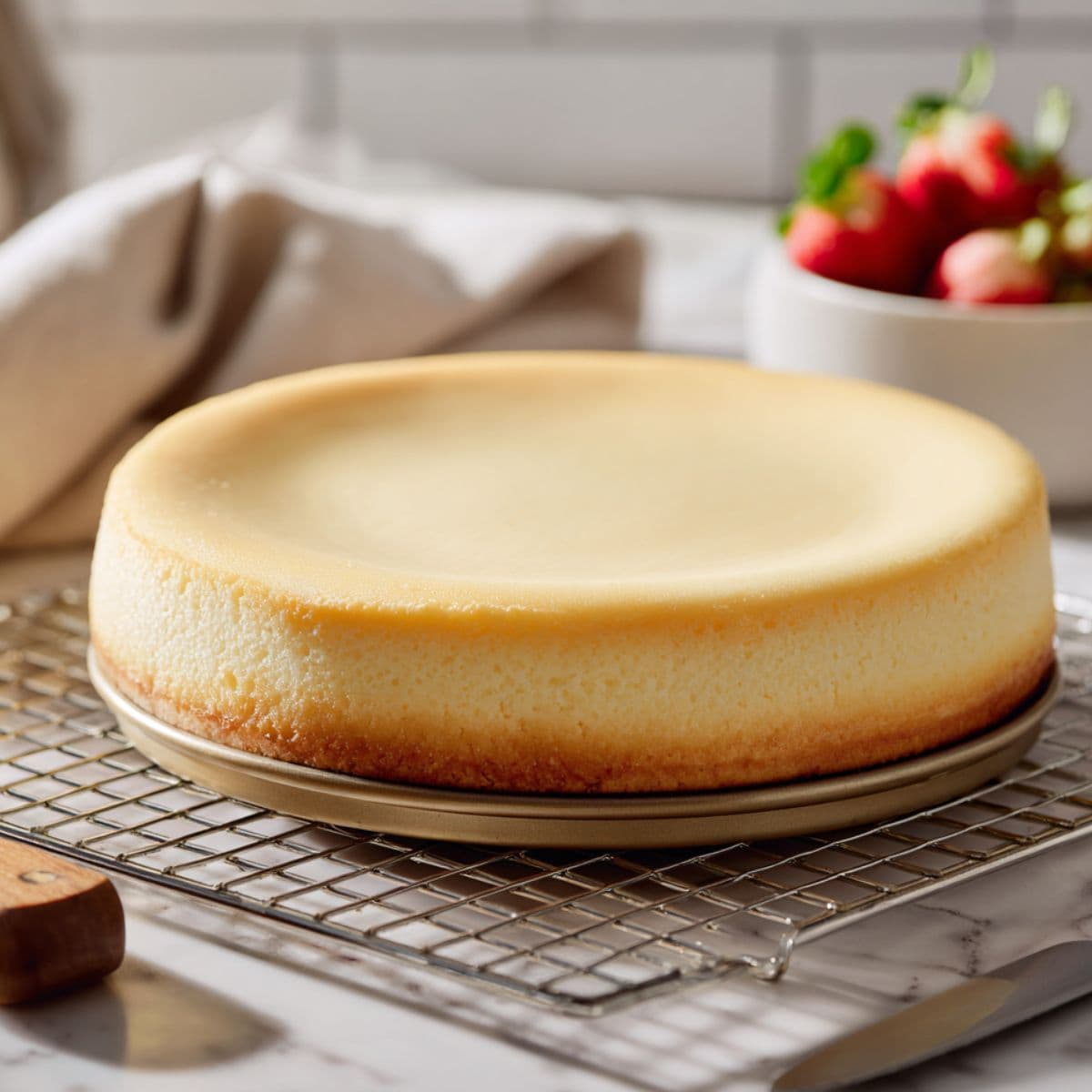 freshly baked cheesecake resting in its pan on a cooling rack after water bath, with smooth surface and minimal background