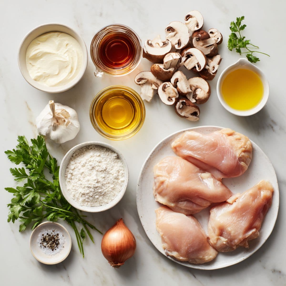 chicken marsala ingredients including chicken breasts, mushrooms, marsala wine, garlic, shallots, and parsley