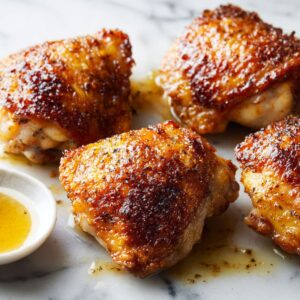crispy baked chicken thighs resting on a white marble surface with golden skin and pan drippings nearby
