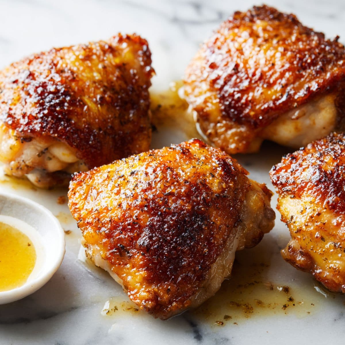 crispy baked chicken thighs resting on a white marble surface with golden skin and pan drippings nearby