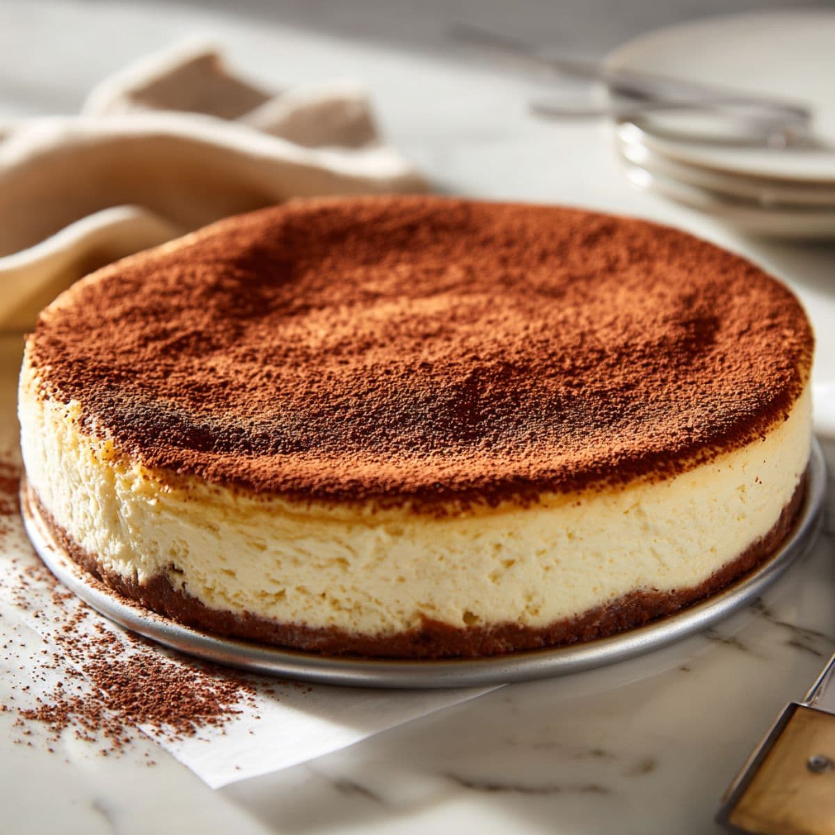 tiramisu cheesecake in its pan on a refrigerator shelf with smooth creamy surface, ready for cocoa dusting, and a sanitized knife nearby