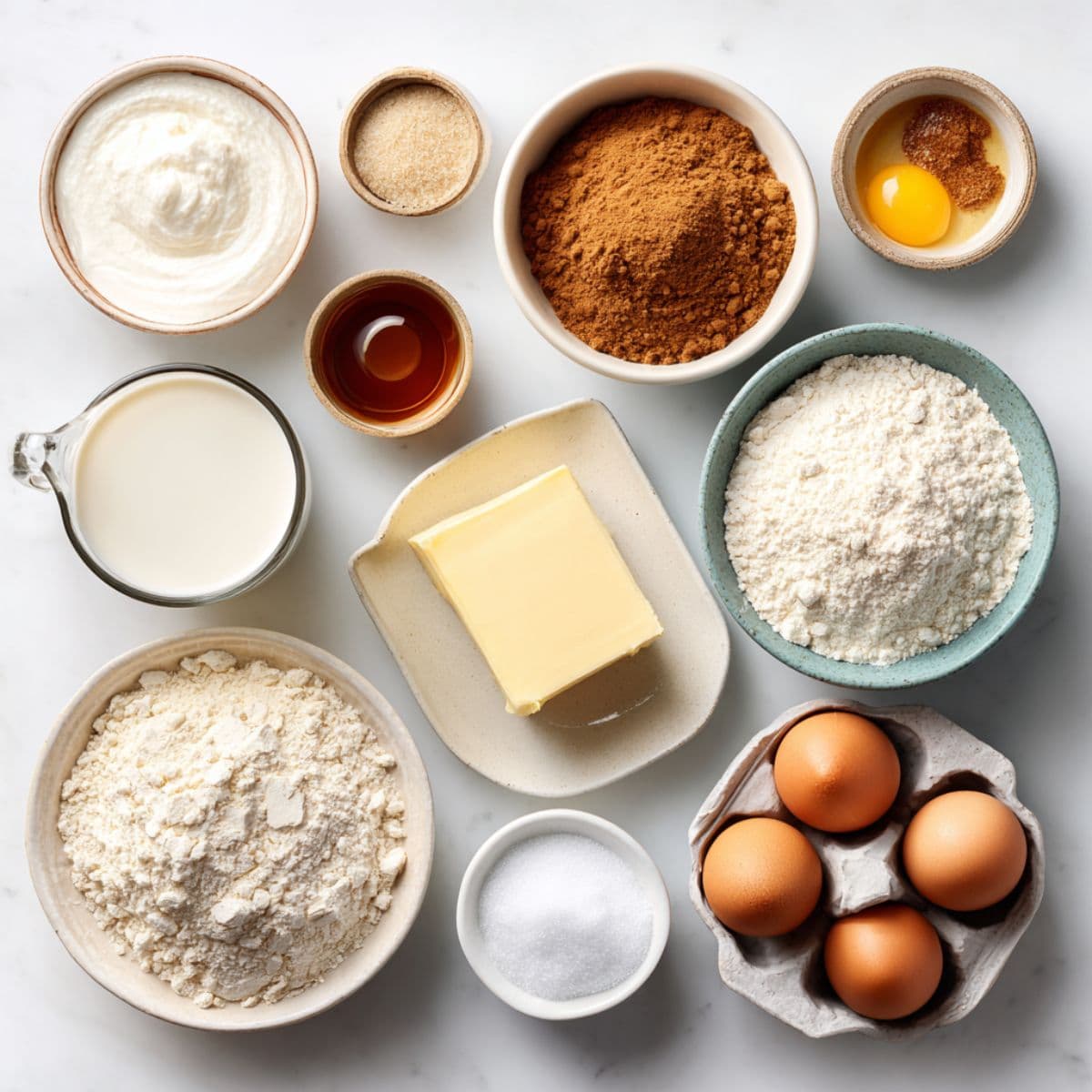 active dry yeast, warm milk, granulated sugar, butter, eggs, flour, salt, brown sugar, cinnamon, and vanilla arranged neatly on white marble