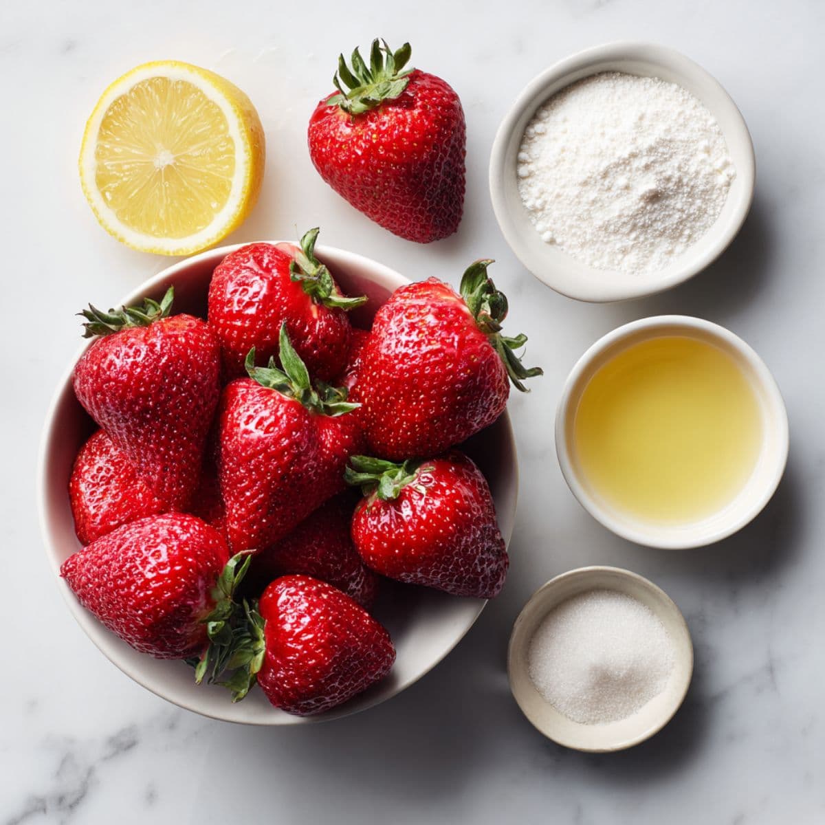 bowl of fresh strawberries with small dishes of granulated sugar, lemon juice, and cornstarch arranged on white marble
