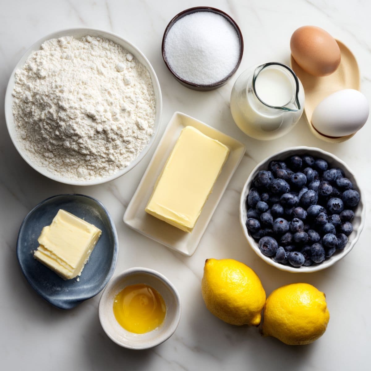 all-purpose flour, granulated sugar, unsalted butter, large eggs, whole milk, and vanilla extract arranged on white marble with fresh lemons and blueberries