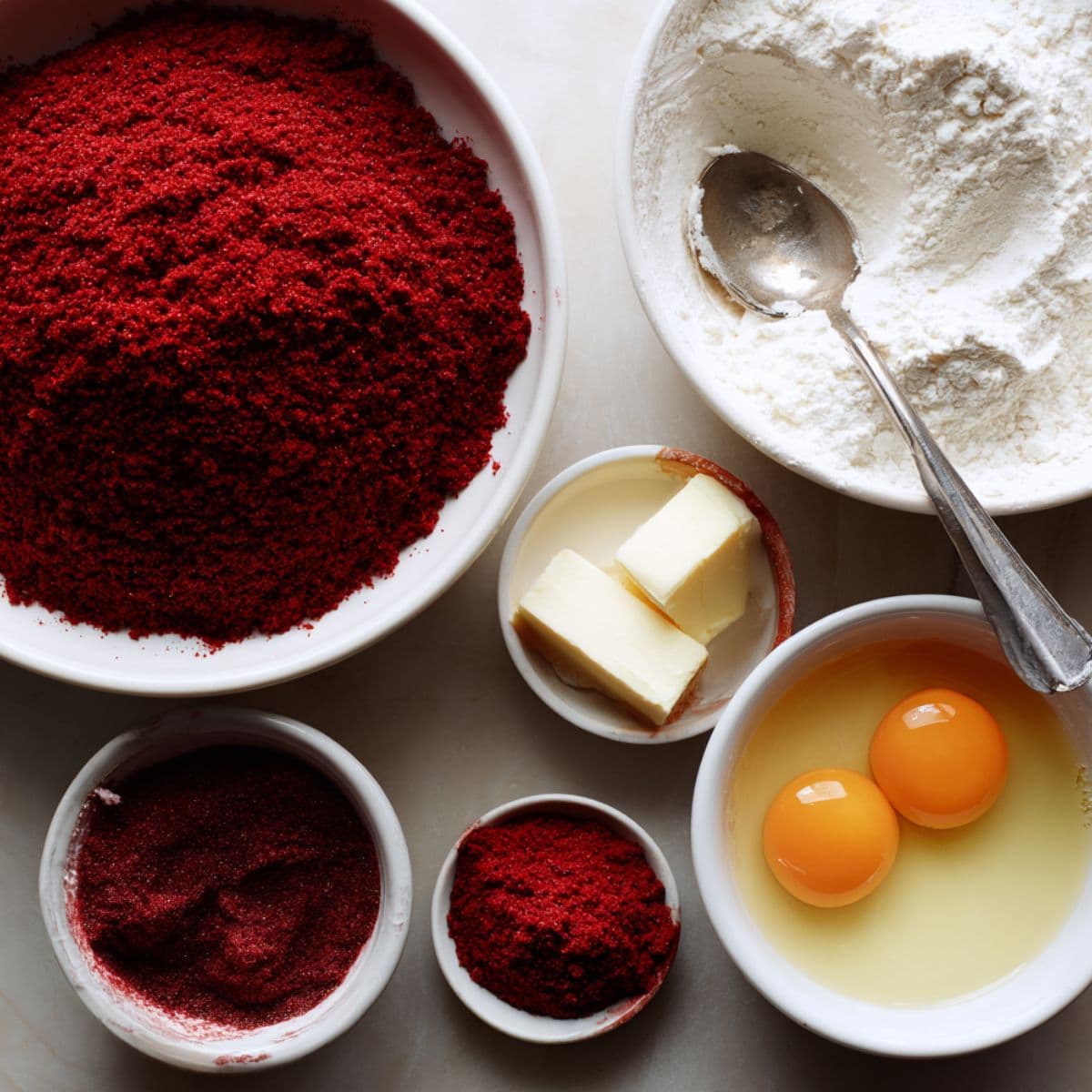all-purpose flour, granulated sugar, unsalted butter, large eggs, real buttermilk, and red food coloring arranged on a wooden surface