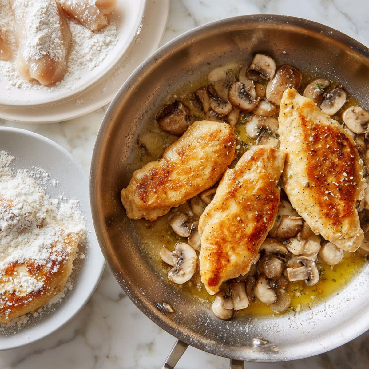 chicken breasts dredged in flour searing golden brown in skillet