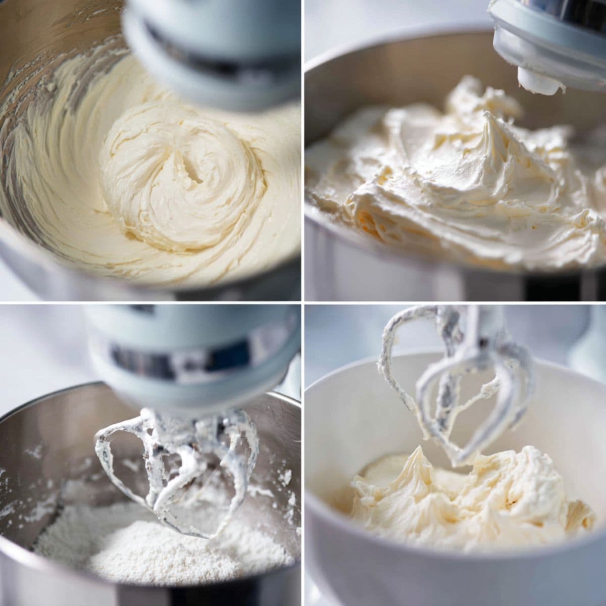 glossy cream cheese frosting in a mixing bowl, showing smooth, lump-free texture, ready to frost a red velvet cake