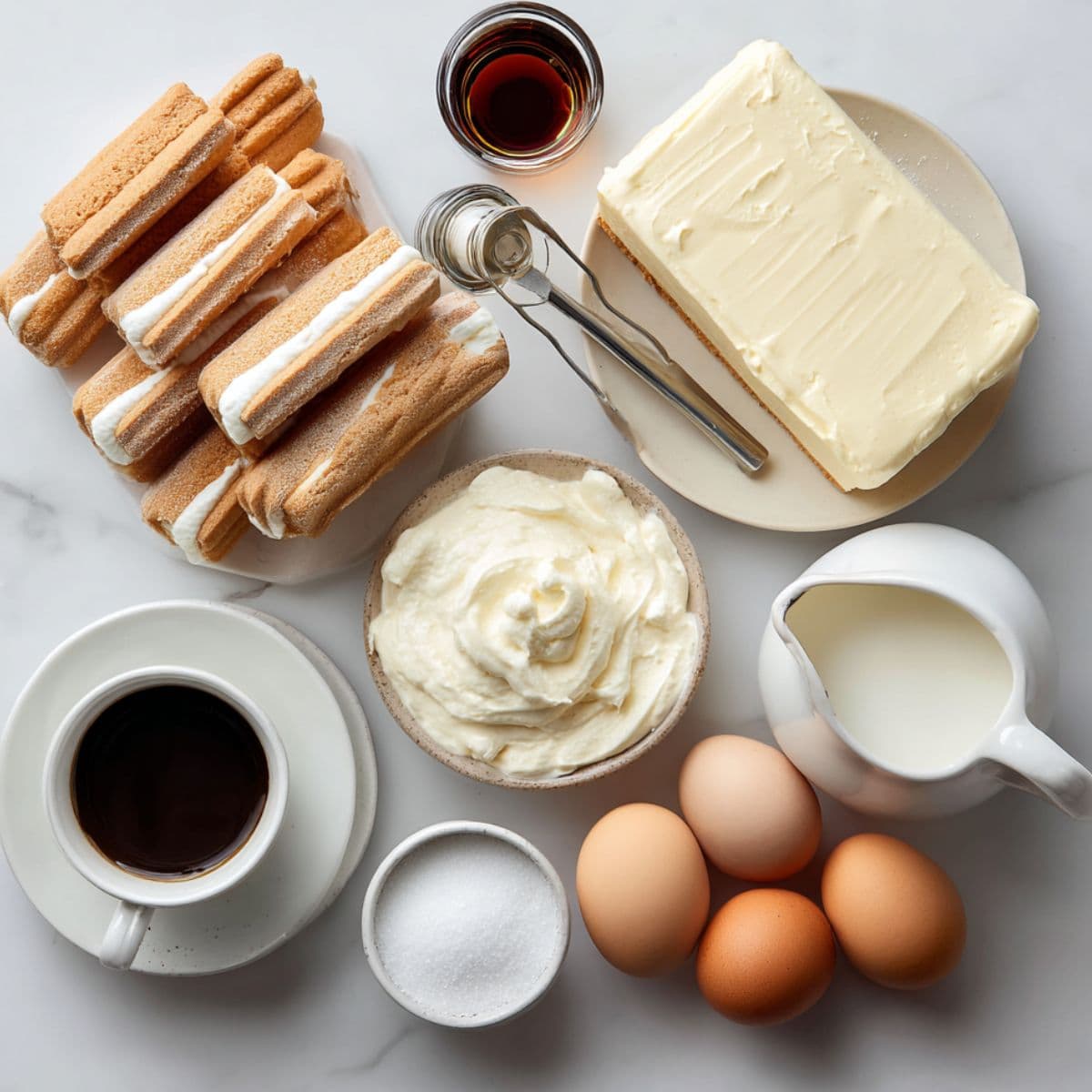 fresh ladyfinger cookies, mascarpone cheese, cream cheese, heavy cream, eggs, sugar, espresso coffee, coffee liqueur, and vanilla extract arranged on white marble