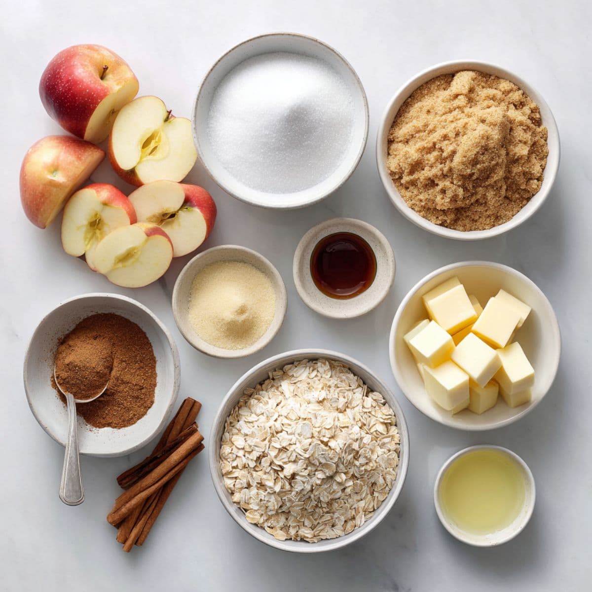 fresh apples, sugar, oats, flour, butter, cinnamon, and lemon juice arranged for apple crumble recipe