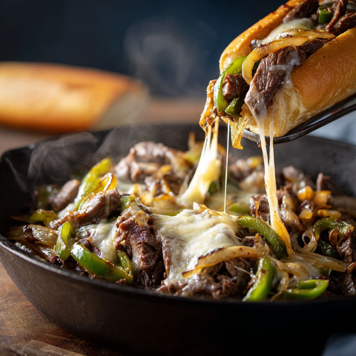 skillet with cooked beef, onions, peppers, and melted provolone cheese being mixed together