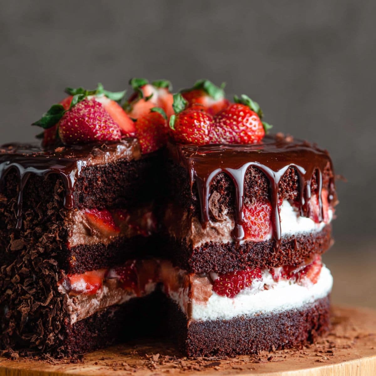 chocolate cake being layered with ganache and sliced strawberries before frosting