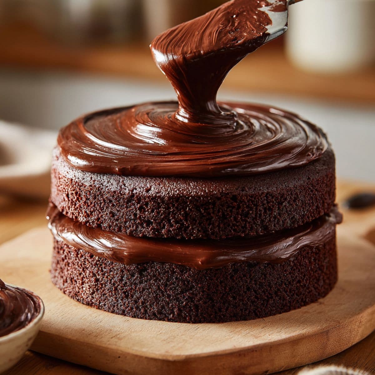 chocolate cake layers being frosted with glossy ganache using an offset spatula