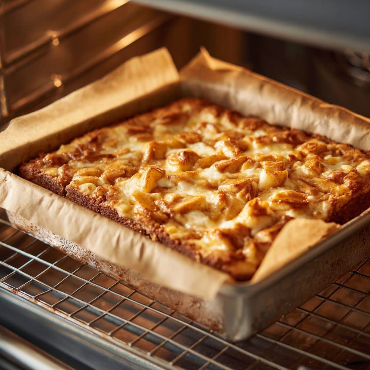 caramel apple cheesecake bars cooling in a parchment-lined pan on a rack with golden crust and glossy caramel topping