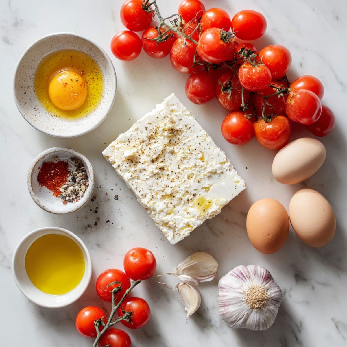 flat lay of baked feta eggs ingredients including feta cheese, eggs, cherry tomatoes, garlic, olive oil, and seasonings on white marble