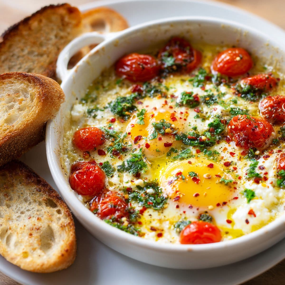 close-up of baked feta eggs with runny yolks, melted feta, roasted tomatoes, and herbs served with crusty bread