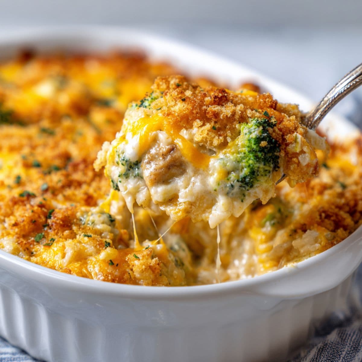 golden cheesy chicken broccoli rice casserole baking in oven dish with bubbling cheese and crispy topping