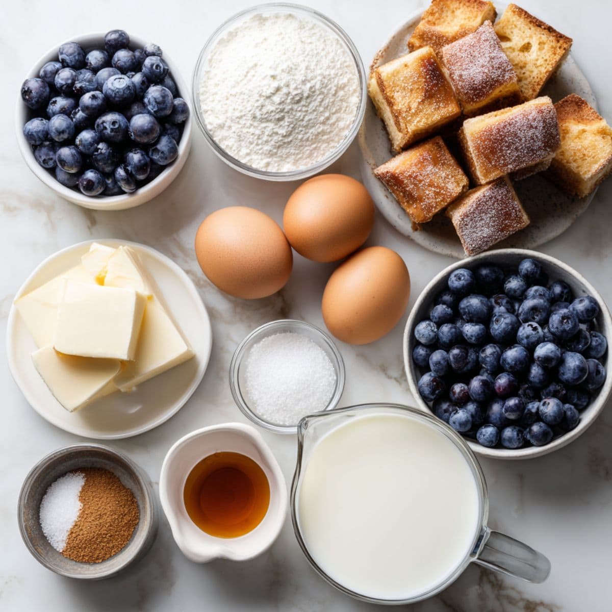 flat lay of blueberry french toast casserole ingredients including brioche, eggs, milk, cream, sugar, vanilla, cinnamon, and fresh blueberries