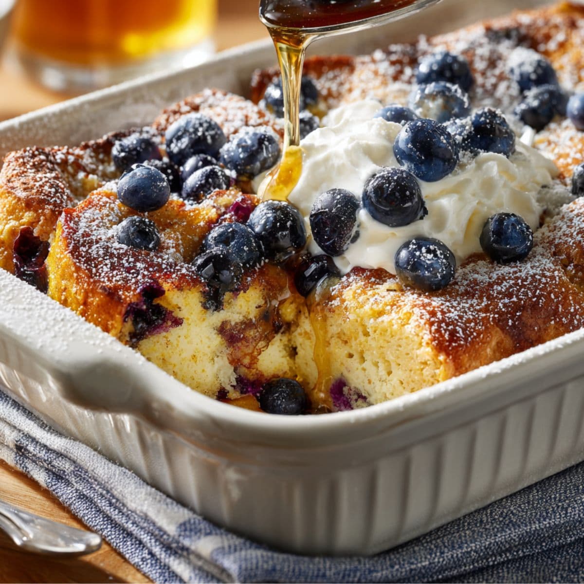 close-up of baked blueberry french toast casserole topped with powdered sugar, maple syrup, whipped cream, and fresh blueberries