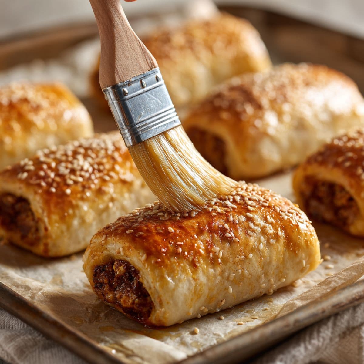 close-up of crescent dough breakfast rolls being brushed with egg wash on a parchment-lined baking sheet, some topped with sesame seeds, ready to bake golden and flaky