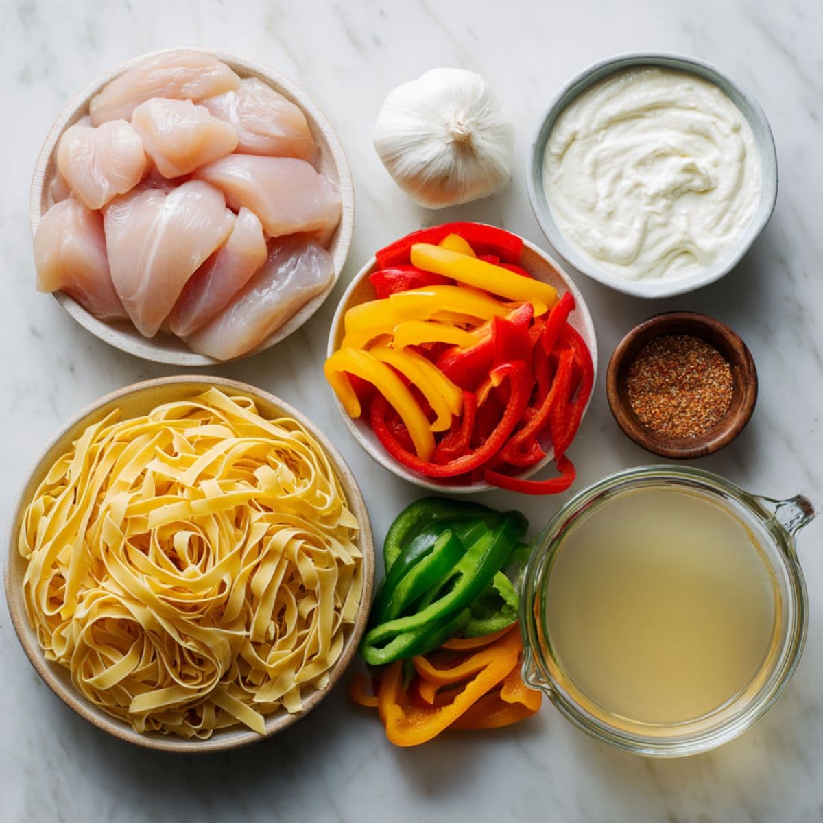 chicken, fettuccine pasta, peppers, onion, garlic, and cream arranged for cajun chicken pasta recipe