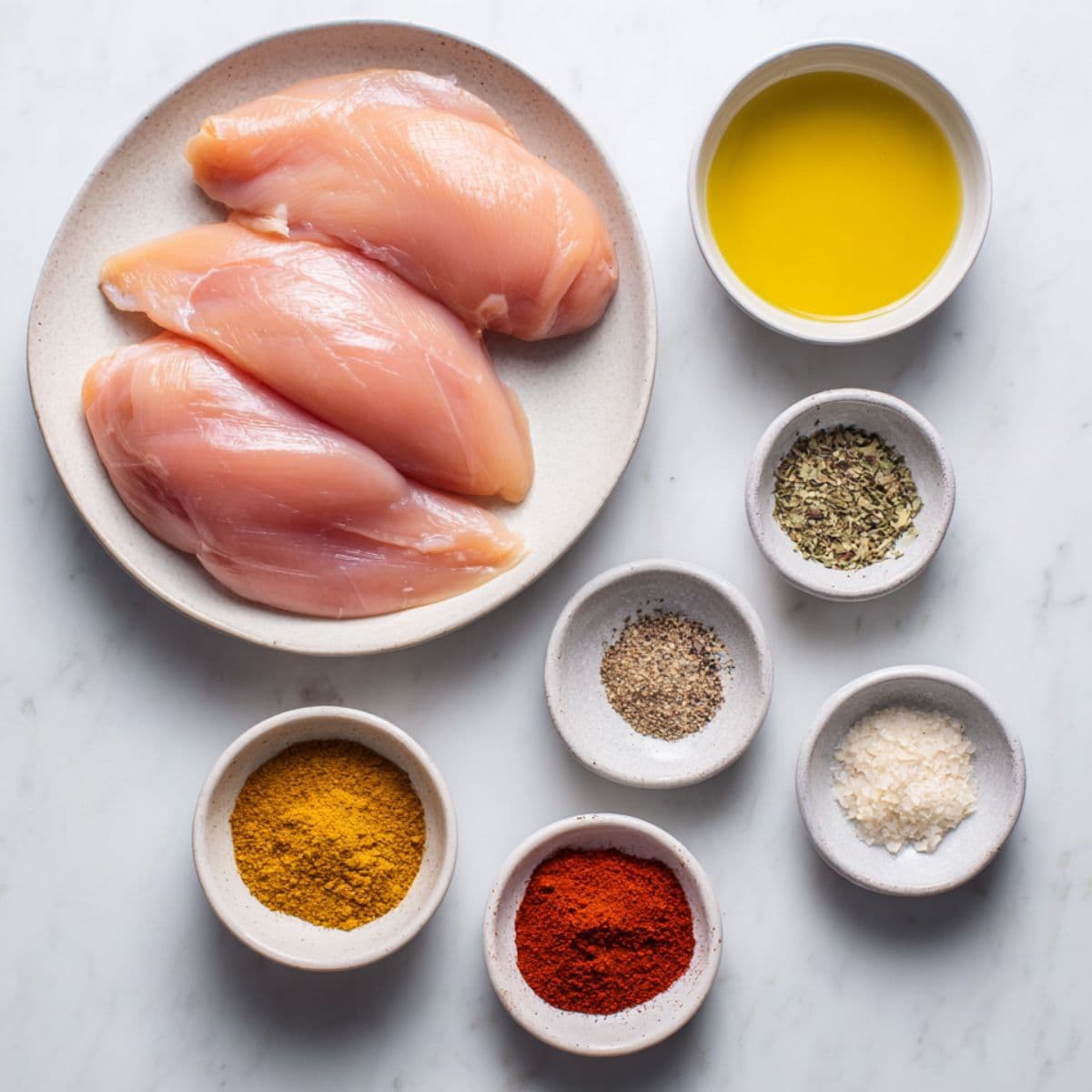 boneless skinless chicken breasts, olive oil, garlic powder, paprika, onion powder, italian seasoning, salt, and pepper arranged neatly on white marble