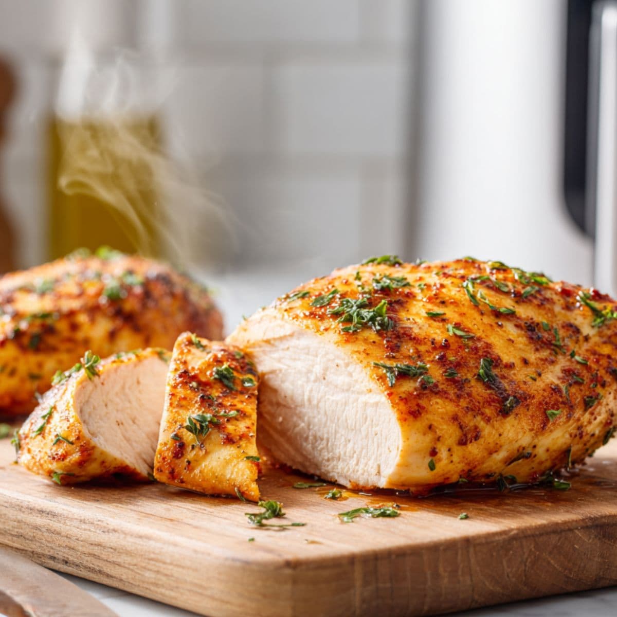 golden air fried chicken breasts resting on wooden cutting board with knife nearby, one partially sliced to show juicy interior