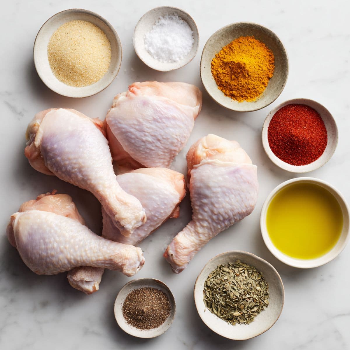 raw chicken drumsticks, olive oil, paprika, garlic powder, onion powder, salt, pepper, and dried oregano arranged neatly on white marble
