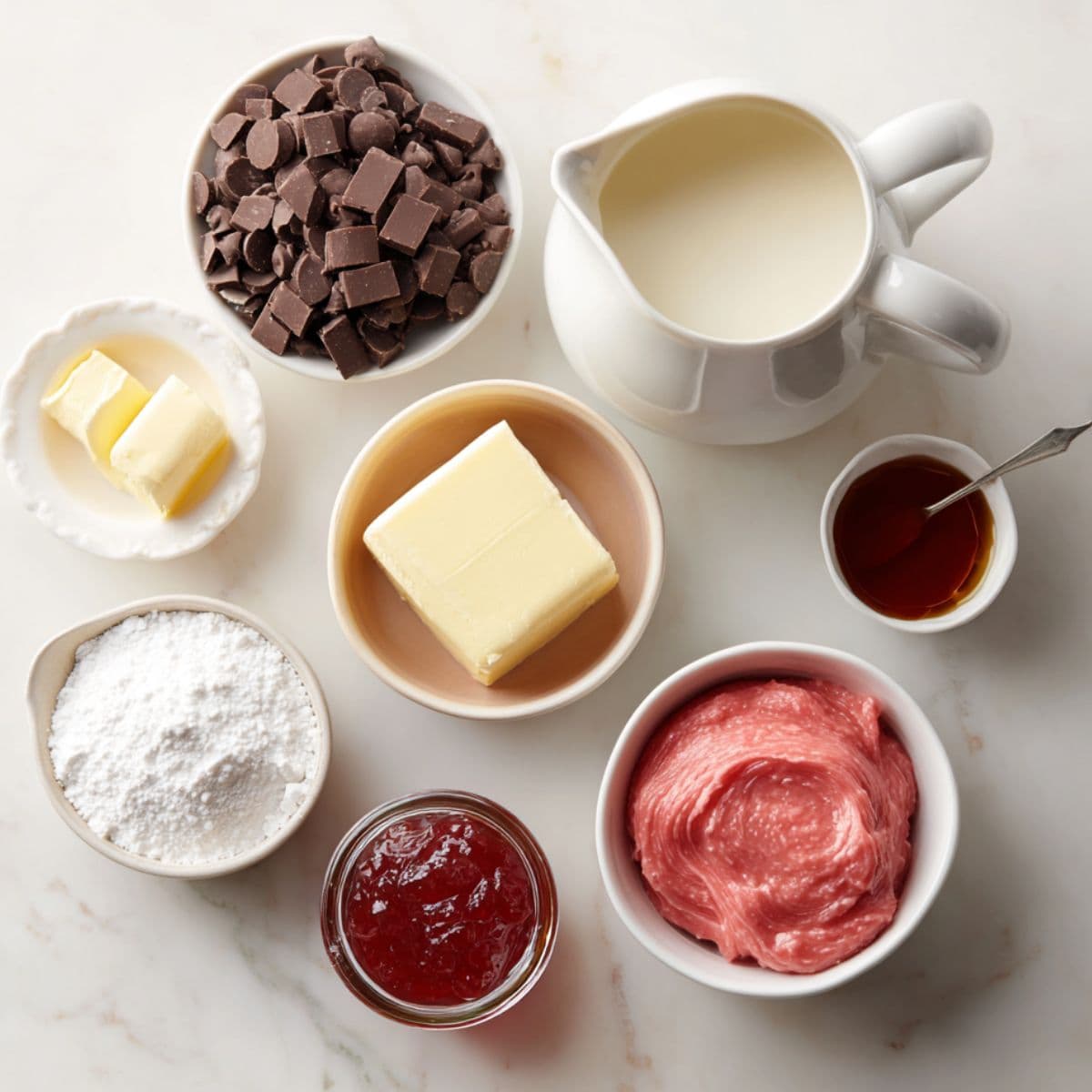 overhead view of heavy cream, chocolate chips, butter, powdered sugar, and strawberry preserves on white marble