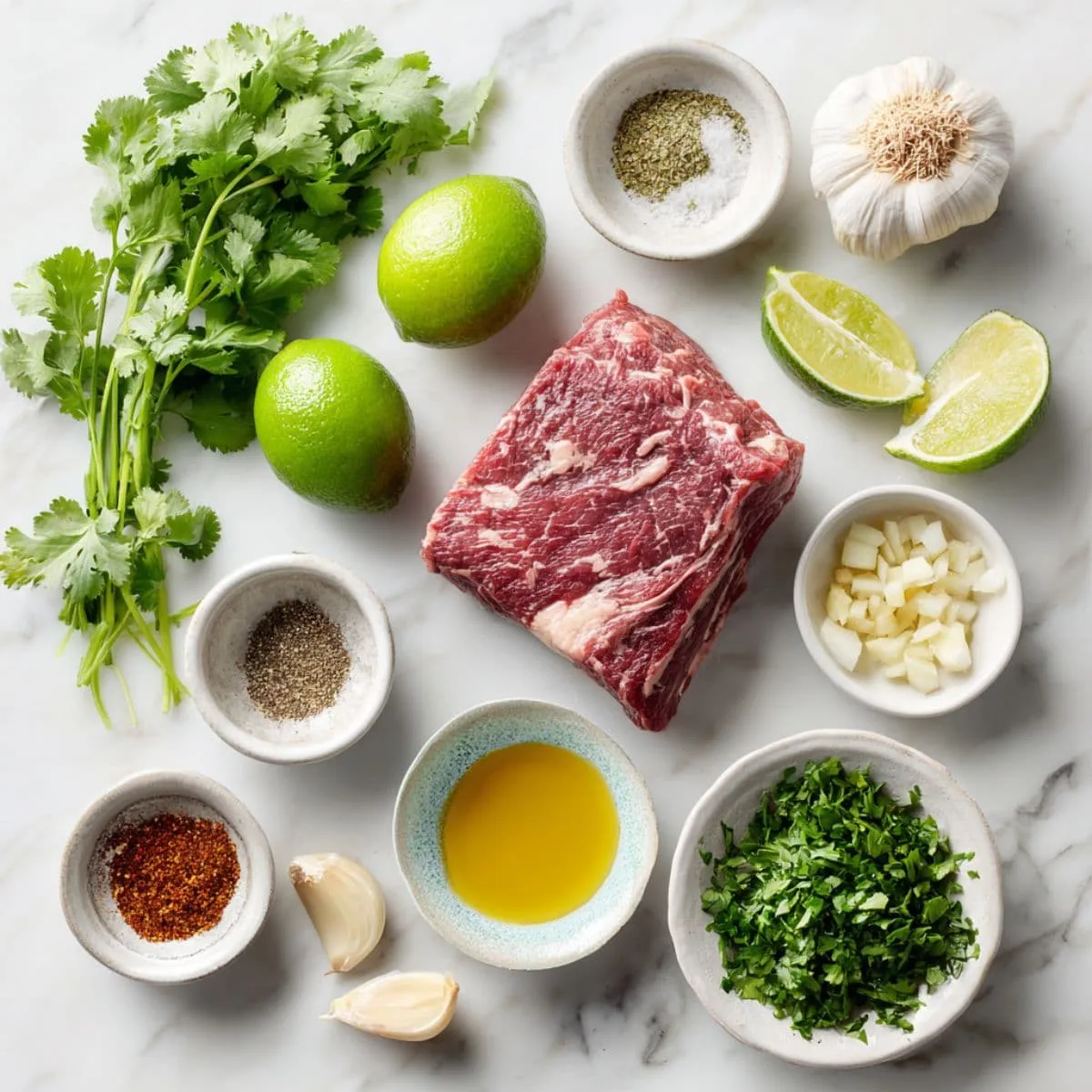 flat lay of flank steak, limes, cilantro, and spices for cilantro lime steak bowl