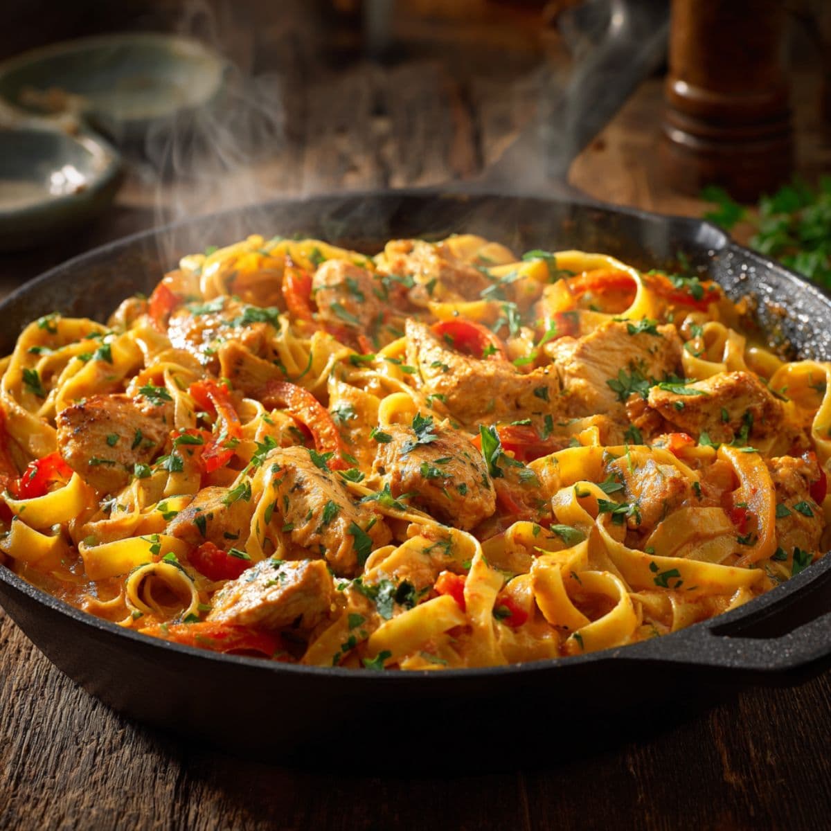 cajun chicken pasta with bell peppers and creamy sauce tossed together in skillet