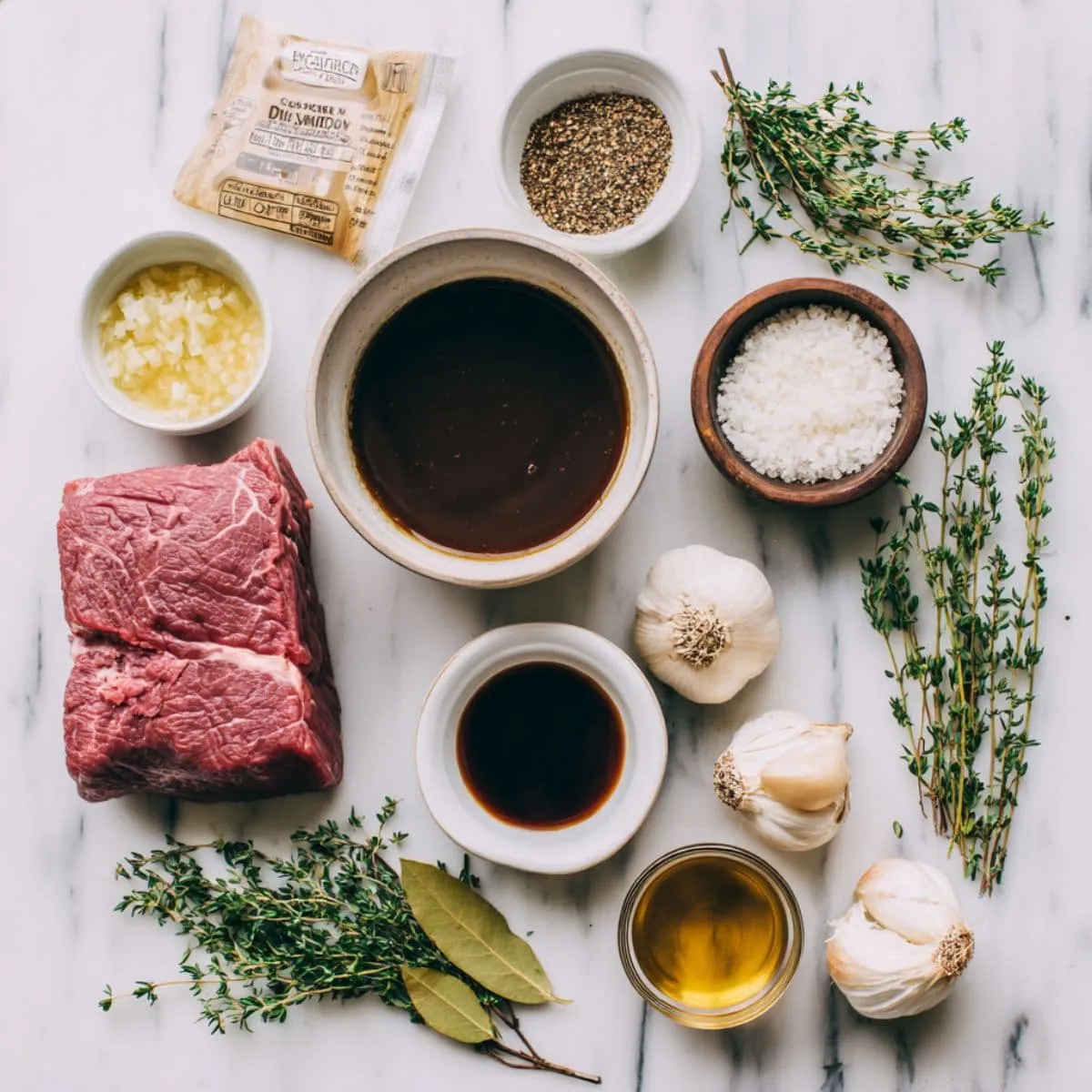 chuck roast, broth, seasonings, and herbs arranged for crock pot french dip sandwiches