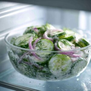 cucumber salad chilling in refrigerator