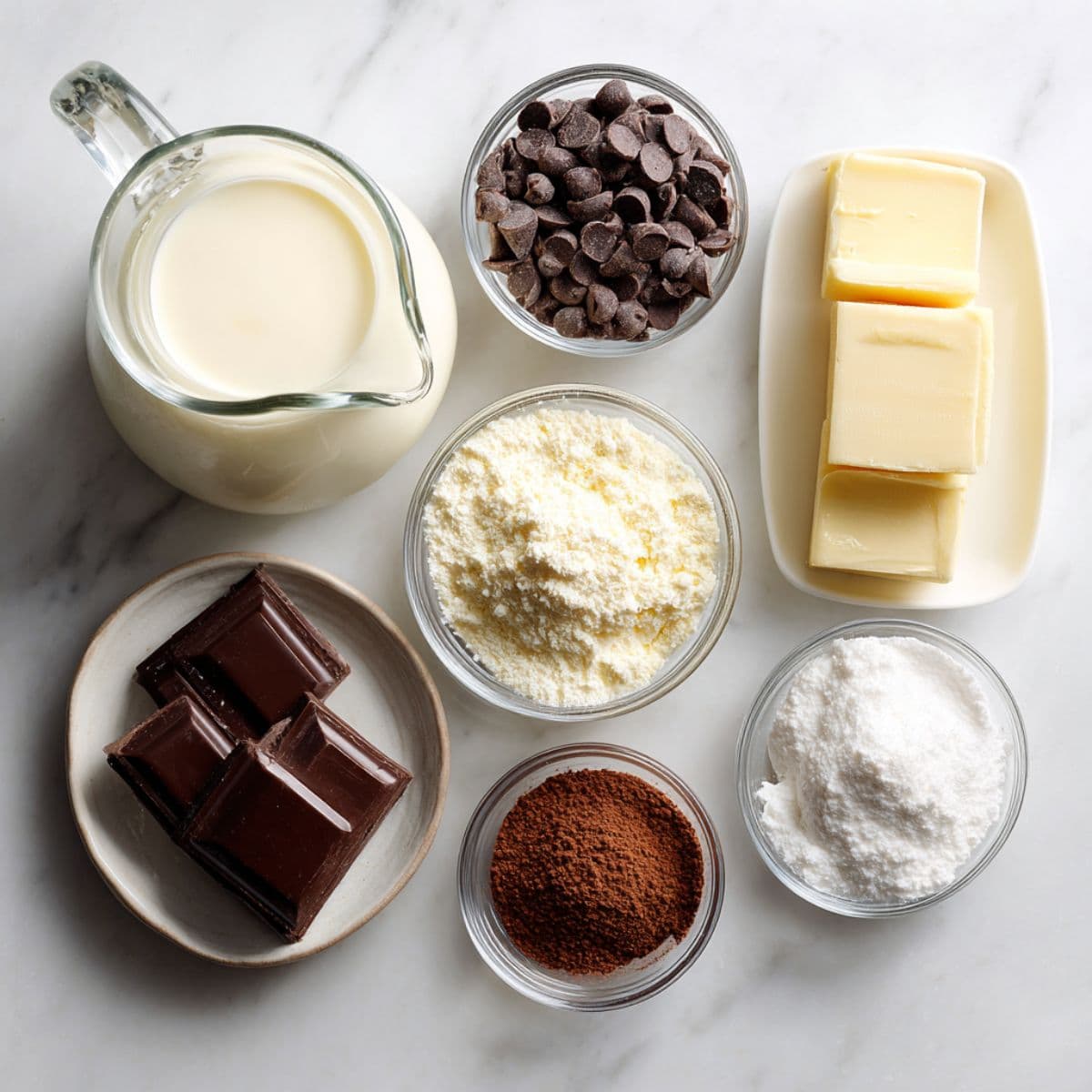 overhead view of chocolate cake frosting ingredients including heavy cream, chocolate chips, butter, powdered sugar, and cocoa powder on white marble