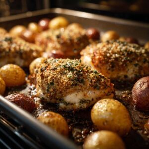 baking pan of golden chicken and baby potatoes roasting in oven with melted butter, garlic, and parmesan crust