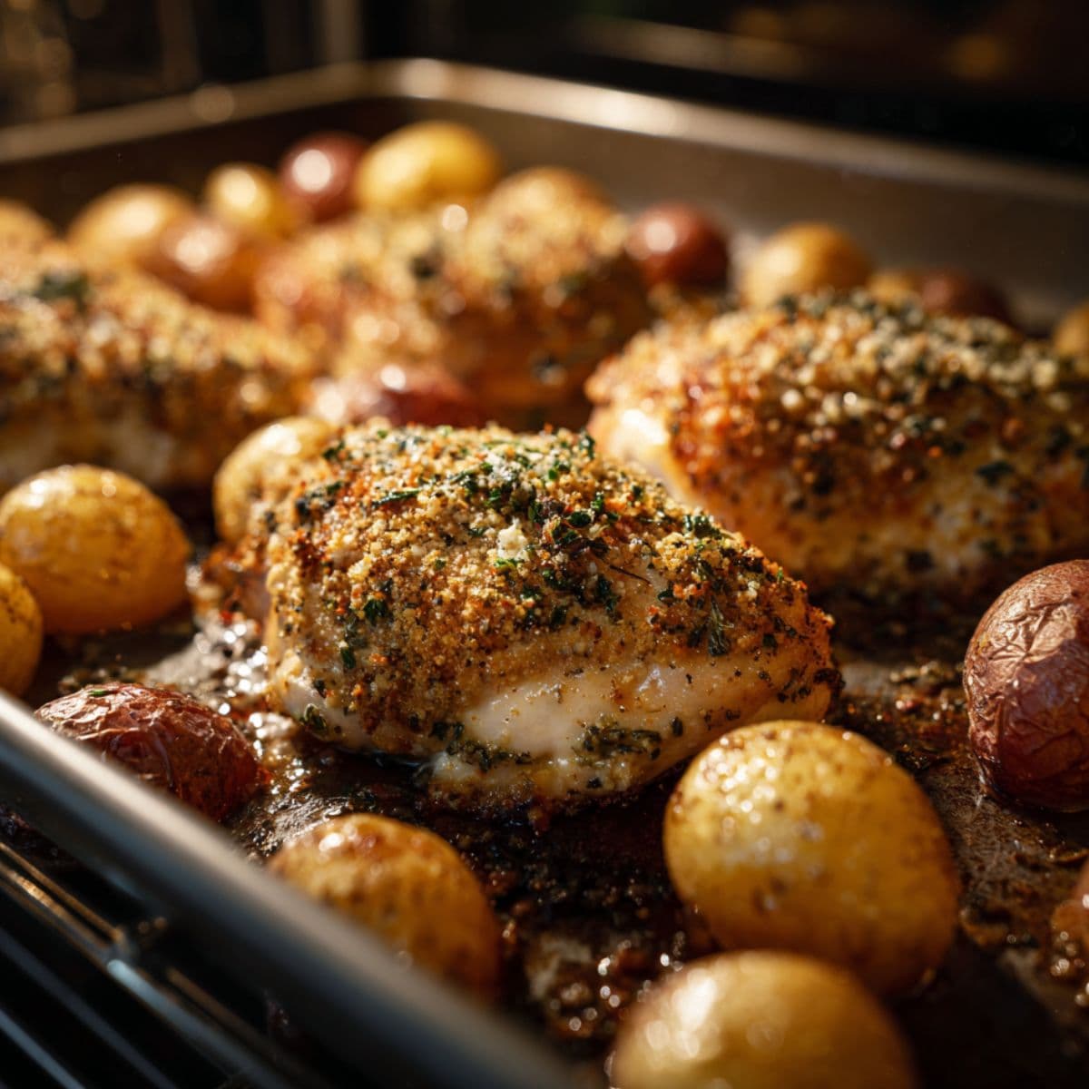 baking pan of golden chicken and baby potatoes roasting in oven with melted butter, garlic, and parmesan crust