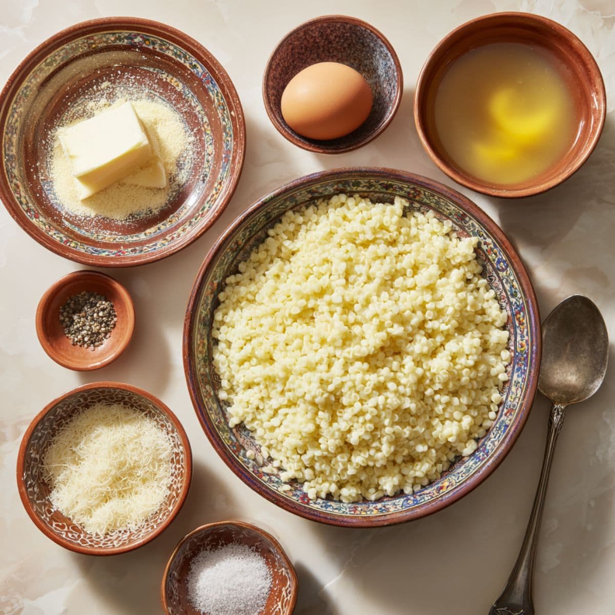 creamy italian pastina in a ceramic bowl surrounded by butter, parmesan cheese, egg, broth, salt, and pepper