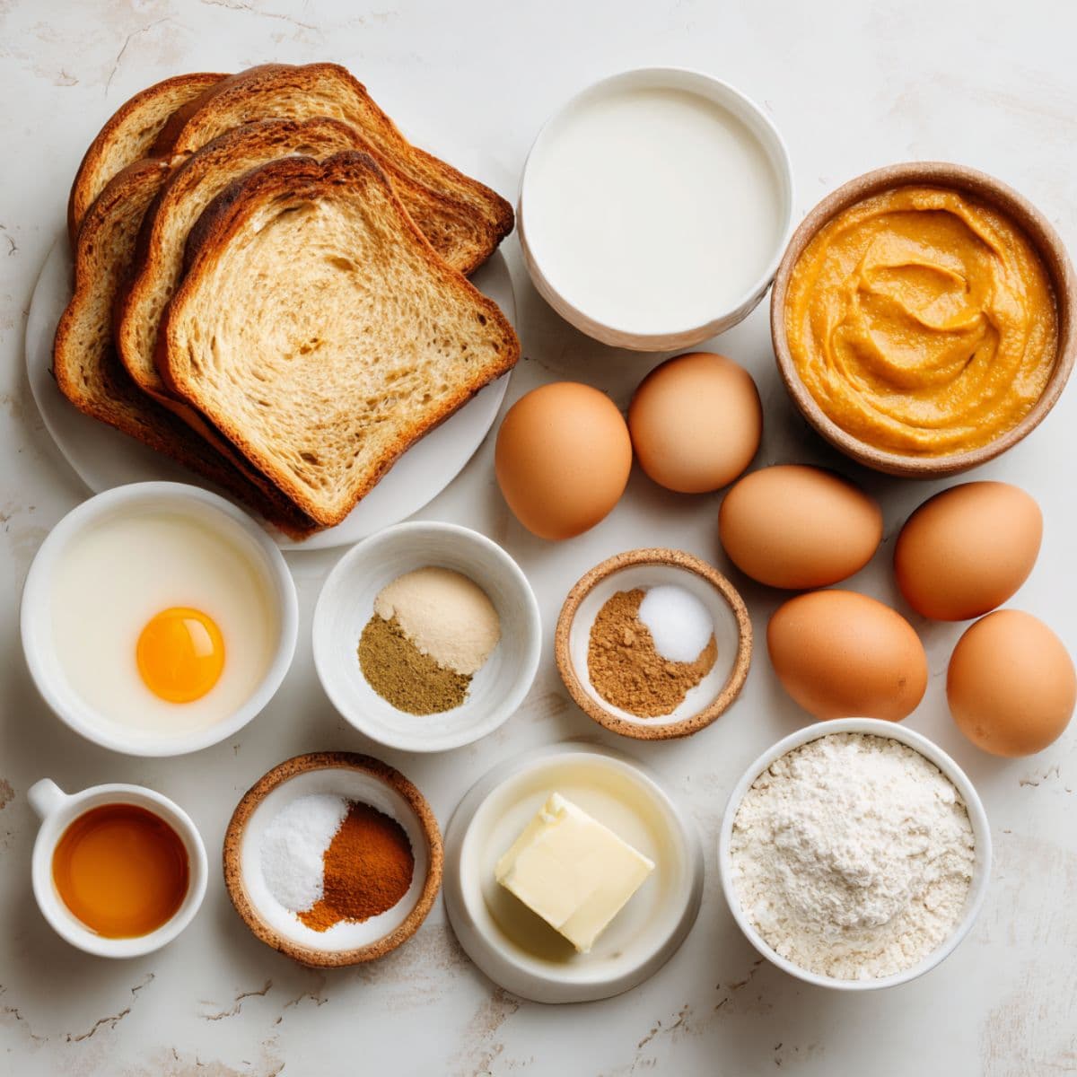 flat lay of pumpkin french toast ingredients including bread, eggs, pumpkin puree, milk, cream, sugar, vanilla, cinnamon, and butter on white marble