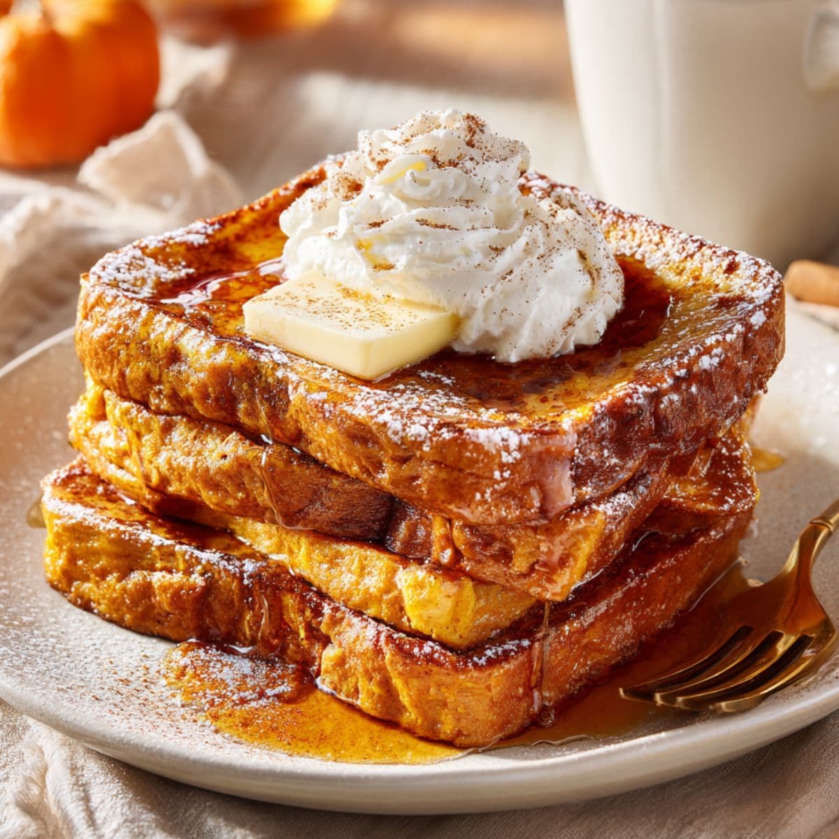 close-up of stacked pumpkin french toast topped with butter, maple syrup, whipped cream, and powdered sugar