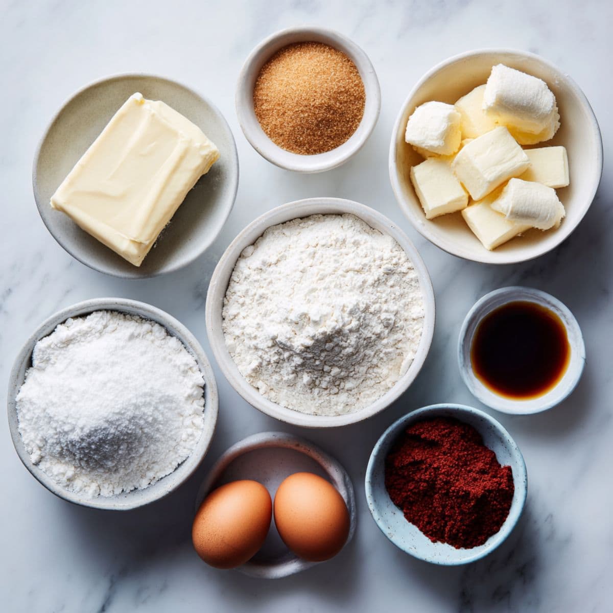 flour, butter, sugars, eggs, and vanilla arranged for red velvet cookie recipe