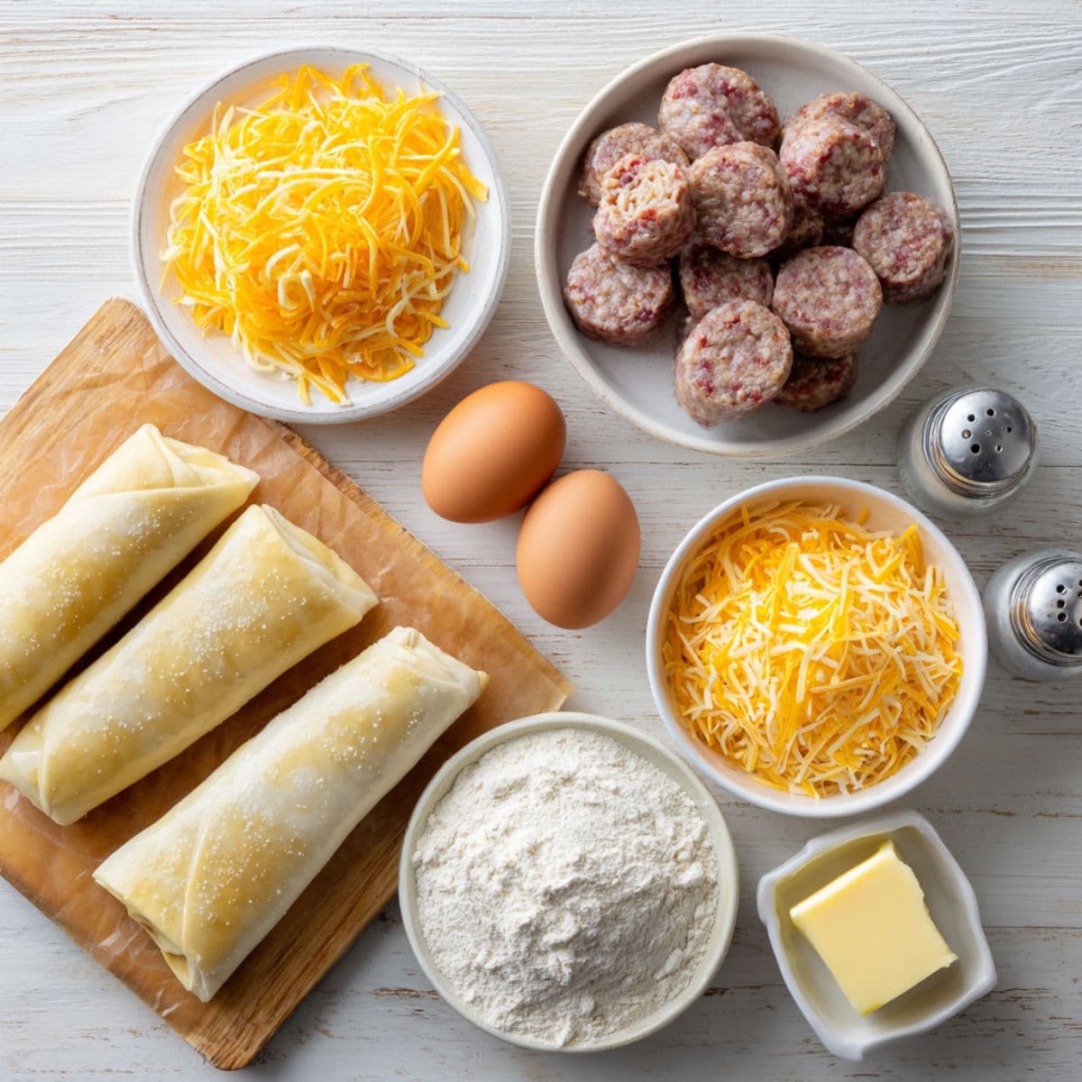 flat lay of breakfast sausage, large eggs, shredded cheddar, crescent roll dough, butter, salt, and pepper arranged neatly on a countertop for making sausage egg breakfast rolls