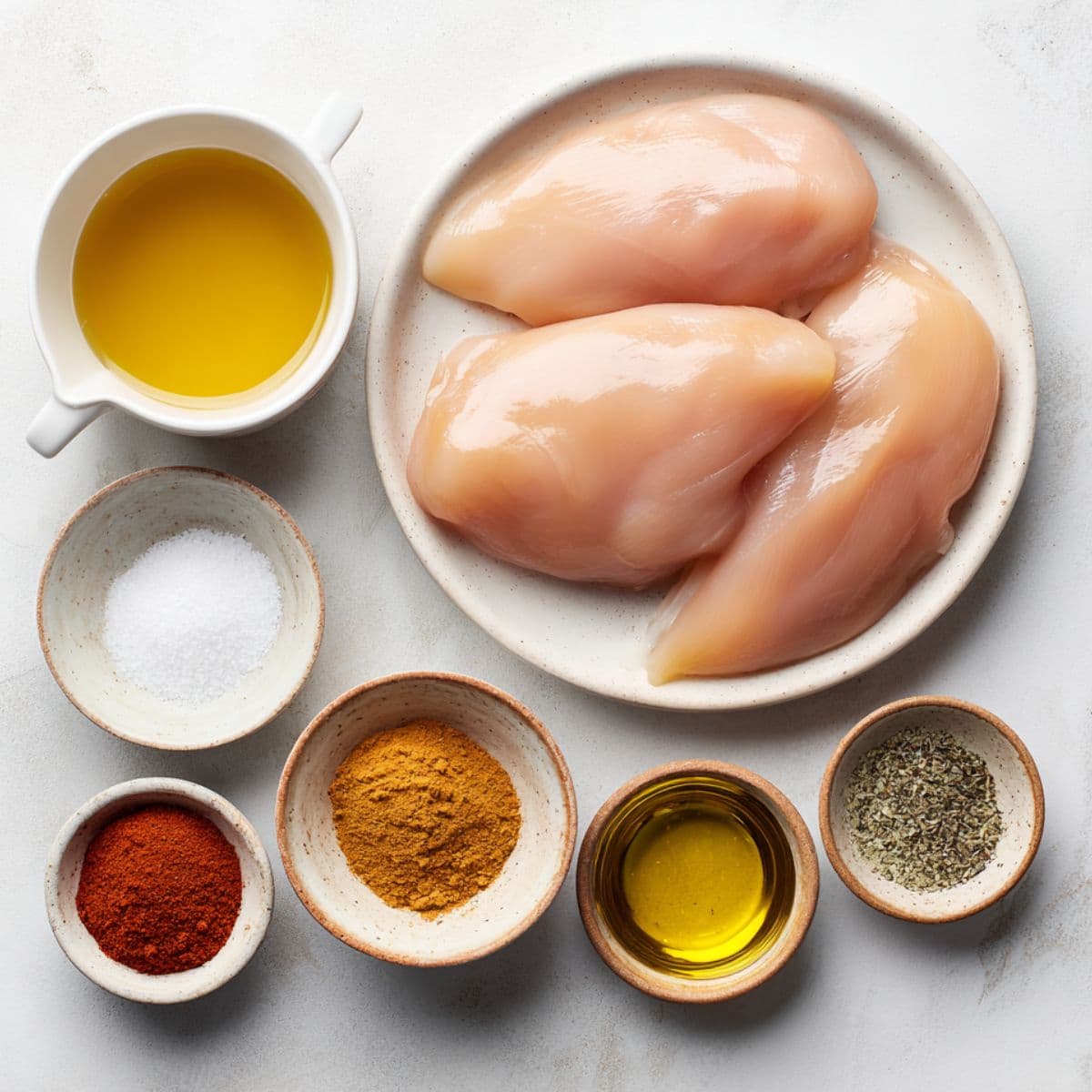 boneless chicken breasts, chicken broth, olive oil, and seasonings arranged on white marble