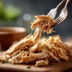 two forks pulling apart tender chicken on a cutting board with visible steam