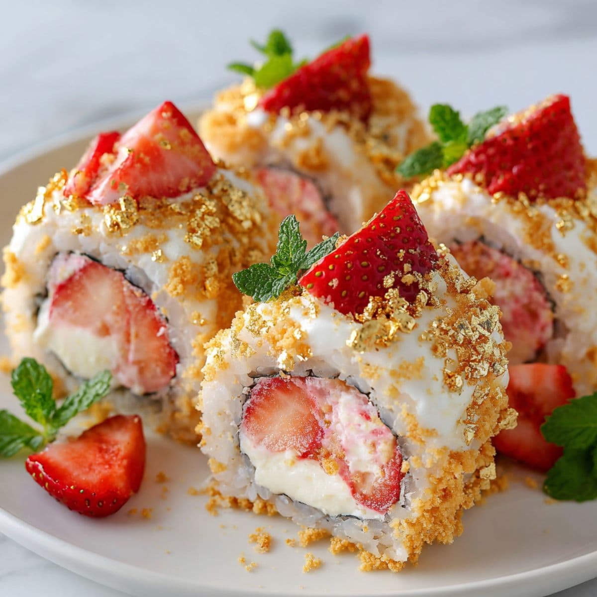 strawberry shortcake sushi rolls topped with fresh strawberry slices and mint on white platter