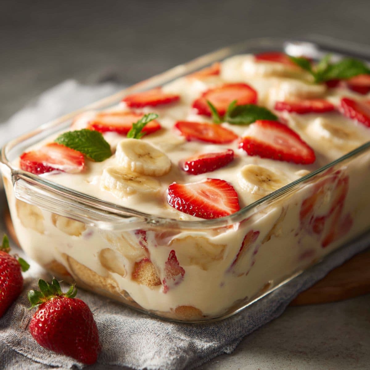 layered strawberry banana pudding in glass dish covered with plastic wrap, showing wafers, pudding, bananas, and strawberries