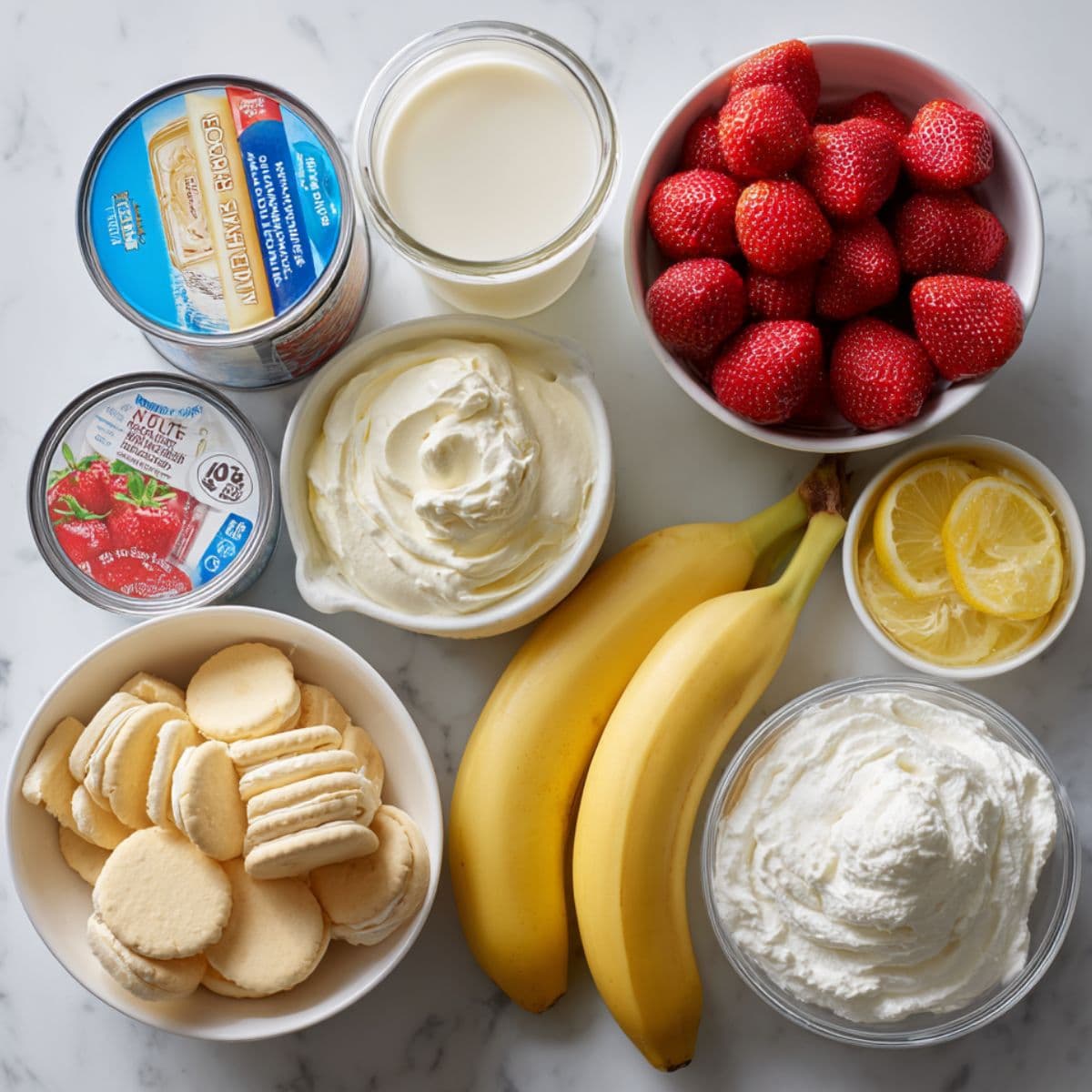 instant vanilla pudding mix, cold milk, cream cheese, sweetened condensed milk, whipped cream, vanilla wafers, fresh strawberries, bananas, and lemon juice arranged neatly on white marble